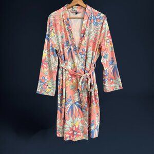 Talbots Robe in Pastel Parrot Women's Size Large 100% Cotton Wrap Around